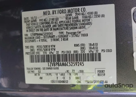 2012 Ford Mustang V6 Premium z USA, uszkodzony, nr VIN 1ZVBP8AM6C5259245